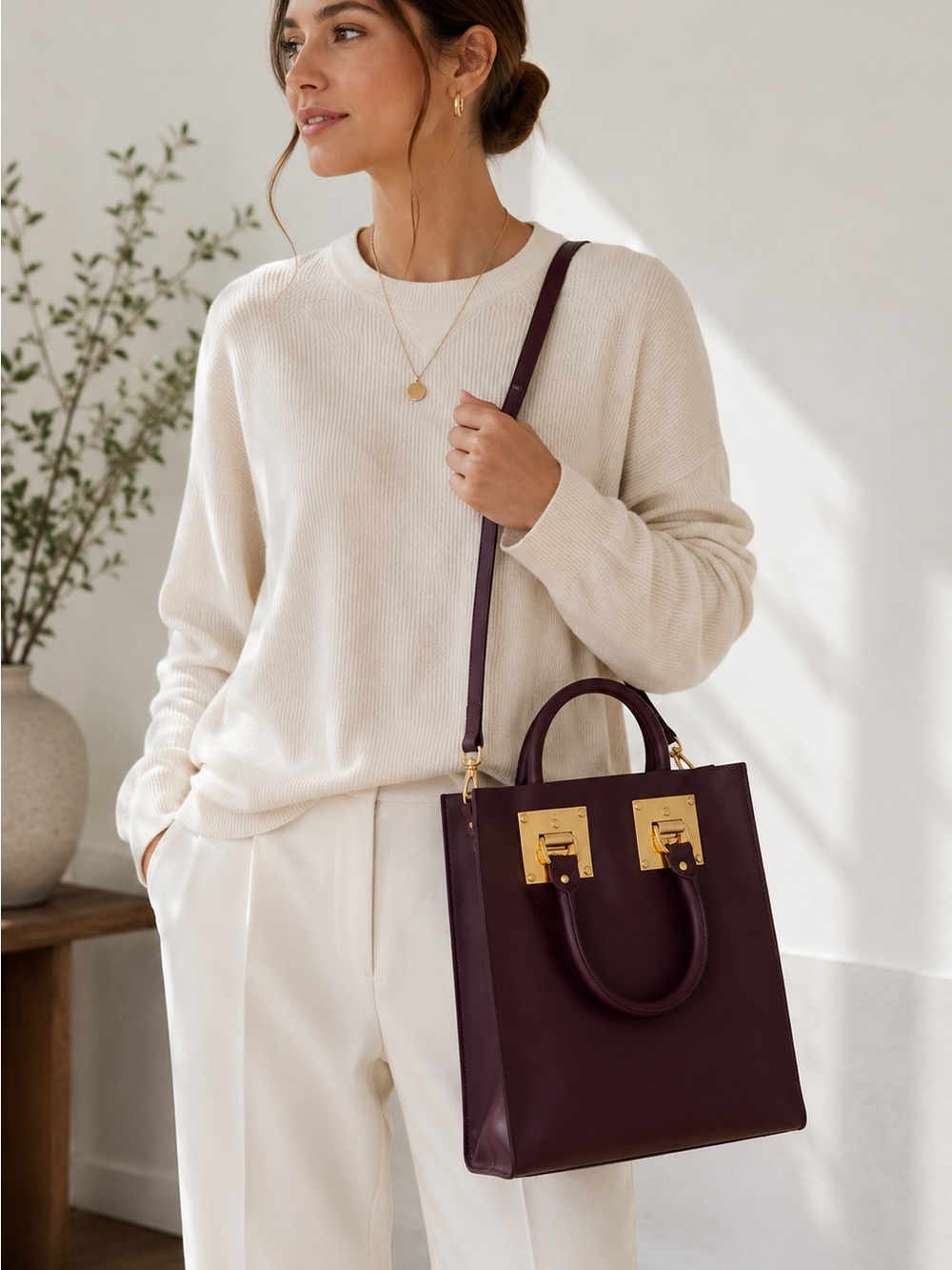 Sophie Hulme Albion Square Burgundy Leather Tote Crossbody Bag Gold Hardware